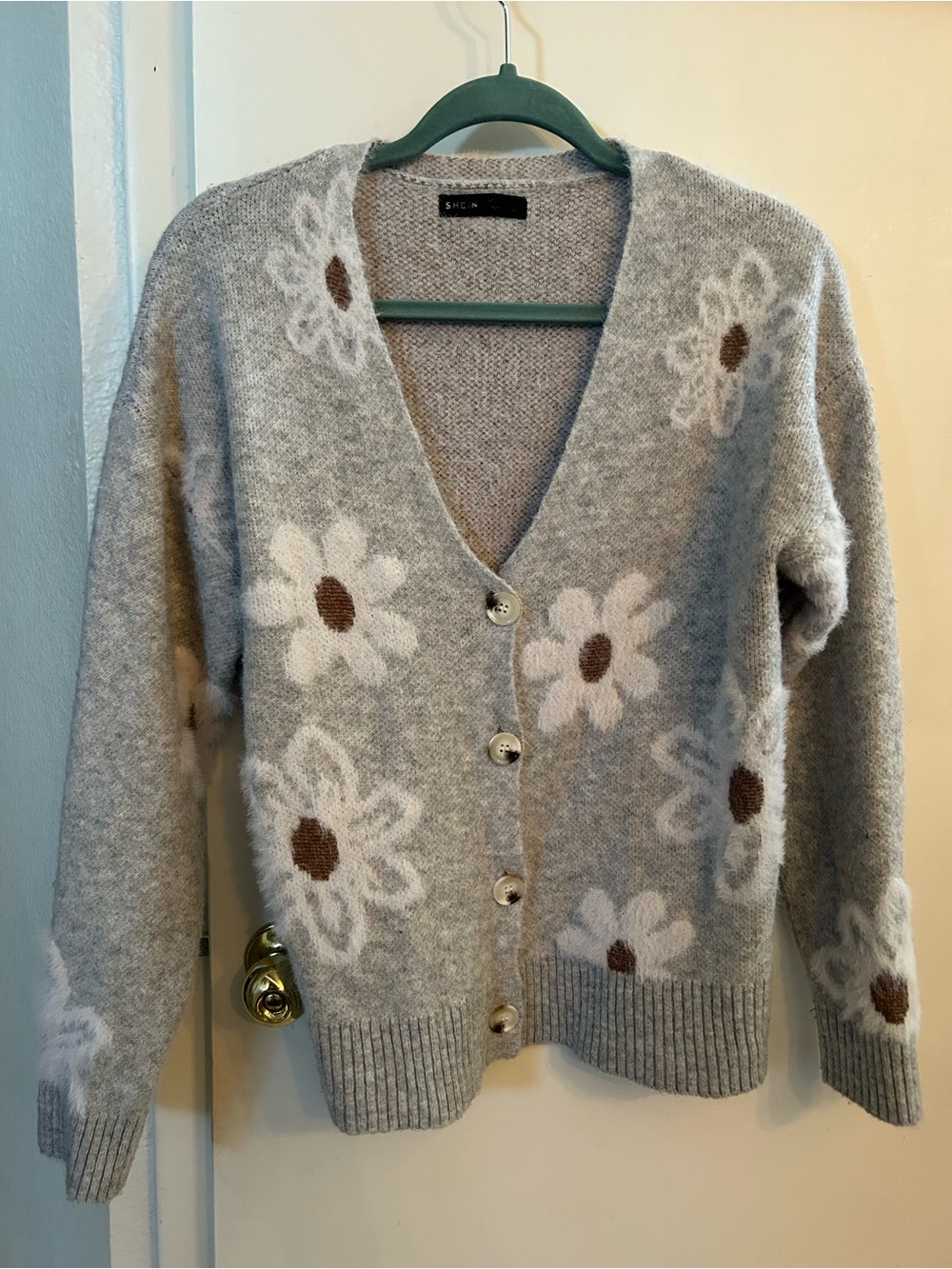 SHEIN Gray Daisy Button-Up V-Neck Cardigan